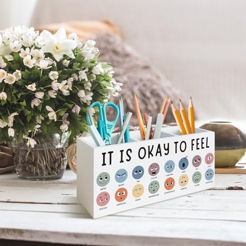 Calm Down Corner Feelings Decor Pen Holder for Desk,Counseling Office Calm Corner Must Haves,School Counselor Gifts Mental Health Wooden Box Sign Desk Decor for Home Office Accessories - color: Calm Down