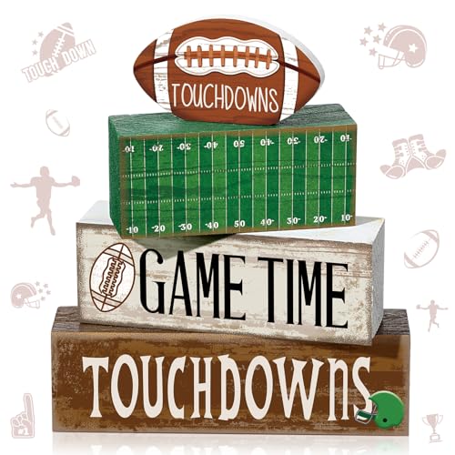 Yuntau 4 Pcs Fall Football Table Decorations Football Tiered Tray Decor Autumn Wooden Blocks Sign Game Time Touchdowns Centerpiece Decorative Faux Book Stack for Coffee Table Fireplace Mantel Shelf - style: Football