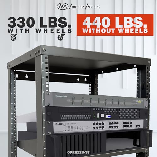 AxcessAbles 22U Open Frame Network & AV Rack with Caster Wheels, Three 2U Shelves, 10-32 & Cage Nut Compatible Rails, Cage Nuts, Screws, Cage Nut Tool & Wall Mount Kit | 19-Inch Equipment Rack - size: 22U - 3 Shelves