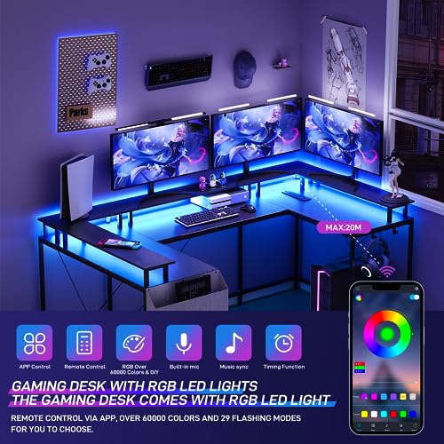 U Shaped Desk with Power Outlet & LED Lights, 79" Reversible Computer Desk with Monitor Stand, Wood Home Office Desks Gaming Desk with Shelving, Side Storage Pockets, Black - color: Black