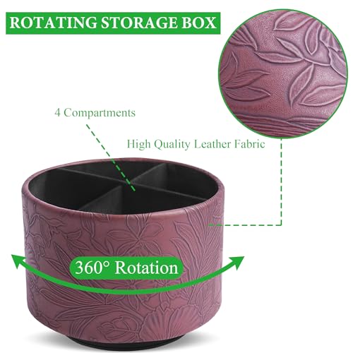 Round Leather Art Supply Organizer,Remote Control Holder,360 Degree Spinning,Multi-Functional Pencil Holder,4 Compartments Desktop Stationary Organizer(1-Carved Dark Brown) - color: 1-Carved Dark Brown