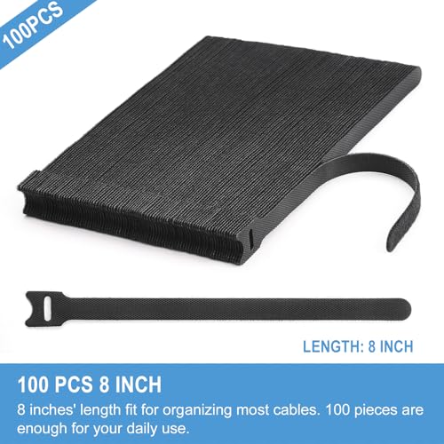 100 PCS 8 Inches Reusable Cable Ties | Adjustable Cord Wraps, Cable Straps | Hook & Loop Cord Organizer, Cable Management - size: 8 Inch 100 Pcs
