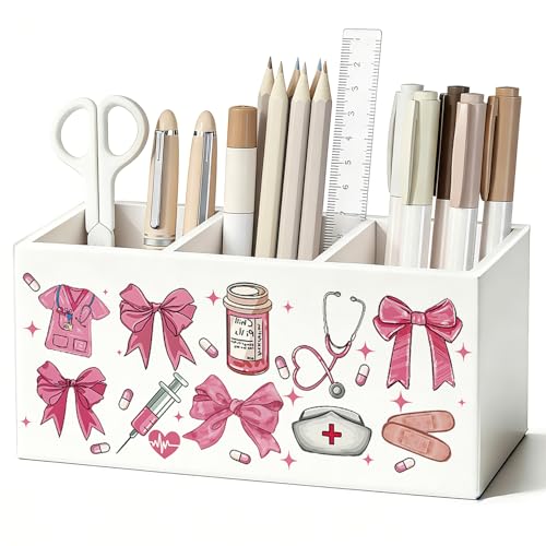 Pink Preppy Bow Nurse Pen Pencil Holder for Desk, Nurse Appreciation Gifts, Nursing Week Gifts for Women, Nursing Wooden Box Sign Decorations for Home Office Workplace Desk Tabletop - color: Pink Preppy Bow Nurse(white)