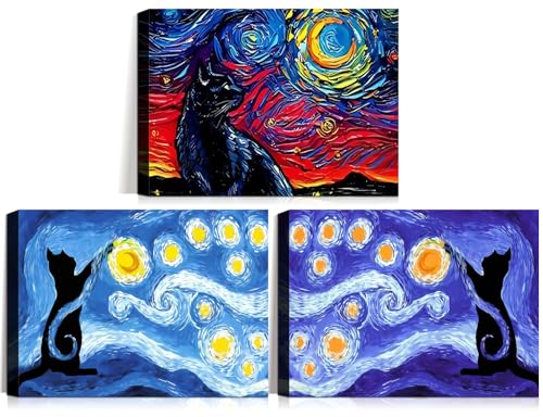 3Pcs Framed Black Cat Starry Night Canvas Wall Art Animals in Famous Paintings Prints Gallery Wrap Vintage Poster Home Decor Picture Modern Abstract Art 16x24 Inch - color: Black star cat-2, size: 16x24inch
