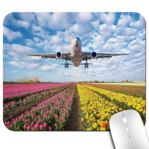Airplane Flying Over Garden Mouse Pad, Spring Tulip Field Nature Desk Mat | Flowers Scenery Landscape, Anti-Slip Rubber Base, Silky Smooth Surface, Cute Office/Gaming Mousepad - color: Color_CNa