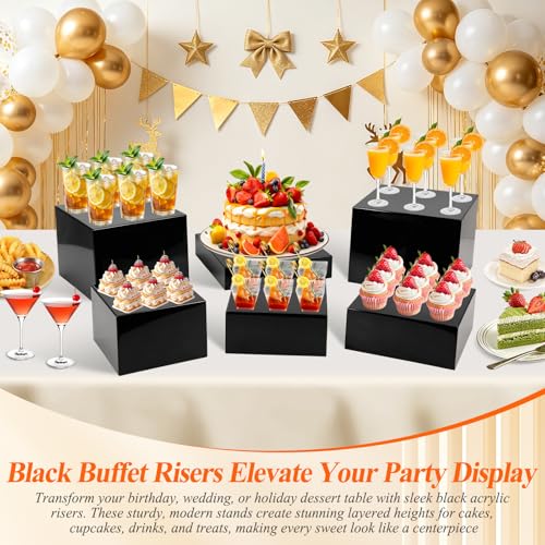 8Pcs Black Acrylic Buffet Risers with Mini Sign and Marker, Black Acrylic Risers for Party Catering Dessert Jewelry Collectibles with Hollow Bottoms Nesting Cube Box (9.5" 9" 8" 7.5" 6.8" 6" 5" 5") - color: 9.5"9" 8" 7.5" 6.8" 6" 5" 5"