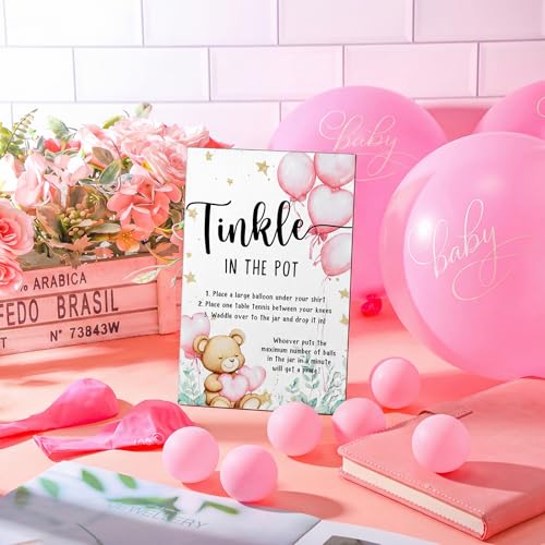 Tatuo 71 Tinkle in The Pot Baby Shower Game Sign Wooden Baby Shower Gender Reveal Party Favors 20 Table Tennis Balls 50 Balloon Latex Balloon(Bear,Pink) - color: Pink, style: Bear