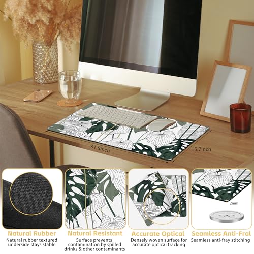 Tropical Leaf Desk Mat Large Mouse Pad Gaming Mousepad 31.5 x 15.8 in | Desk Pad for Keyboard and Mouse, Large Non-Slip Rubber Base Mousepad Desk Mat with Stitched Edges for Gaming Office - color: Tropical Leaf
