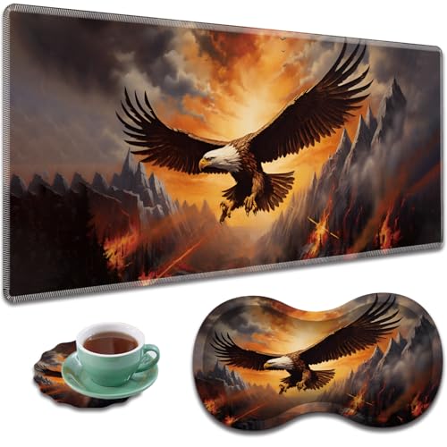 Large Gaming Mouse Pad + Mouse Wrist Rest Pad + Coaster Combination, 31.5 "x 11.8" Durable Non-Slip Extension Table Mat, Suitable for Office and Home, Rebirth of American Eagle Fire - color: Rebirth of American Eagle Fire