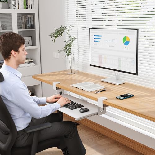 BONTEC KMT01 Under Desk Keyboard Tray, Pull-Out Keyboard & Mouse Platform with C-Clamp, 25.6 x 11.8 in Space-Saving Ergonomic Slide-Out Drawer, White - color: White, size: 25.6" x 11.8"