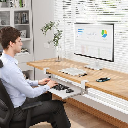 BONTEC KMT01 Under Desk Keyboard Tray, Pull-Out Keyboard & Mouse Platform with C-Clamp, 25.6 x 11.8 in Space-Saving Ergonomic Slide-Out Drawer, White - color: White, size: 25.6" x 11.8"