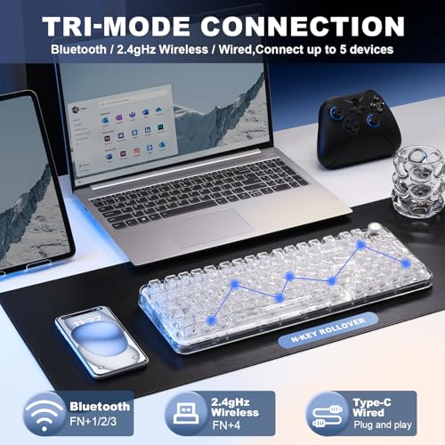 YUNZII X98 QMK/VIA Wireless Mechanical Gaming Keyboard with Knob,Tri-Mode BT5.0/USB-C/2.4GHz Hot Swappable Keyboard,Pre-lubed Switches Gasket Mount RGB Backlit for Wins/Mac (White, Crystal Switch) - color: White, size: Crystal Switch