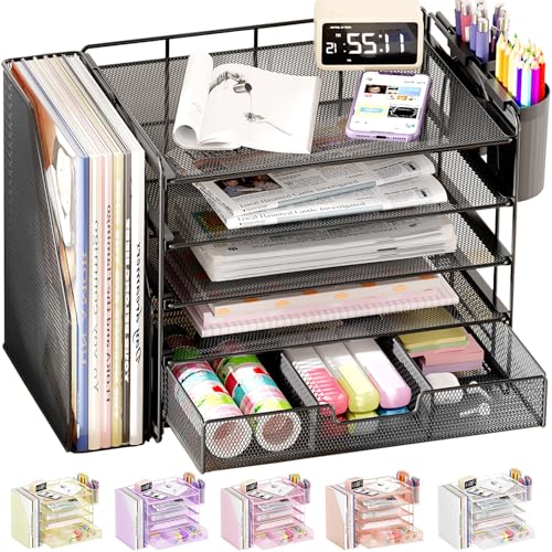 OPNICE Desk Organizer, 5-Tier Desktop File Organizer with Drawer and Pen Holders, Office Desk Accessories, File Sorters, Workspace Organizers for Office Supplies(Black) - color: Black, size: 5-tier