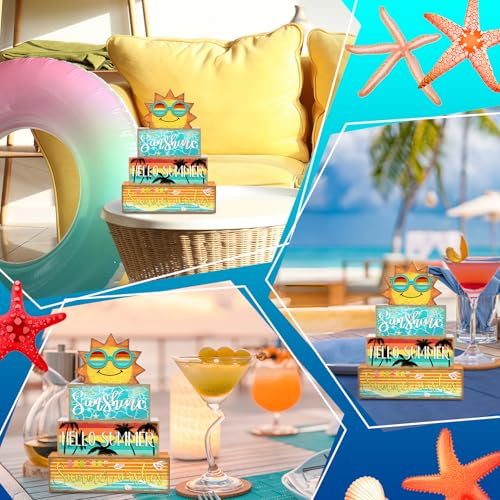 Britimes 4 Pcs Summer Wooden Tiered Tray Decor Set, Summer Sunshine Table Decor Ocean Beach Farmhouse Rustic Wooden Coffee Table Centerpieces for Home kitchen Office Decorations (Sunshine Style) - style: Sunshine