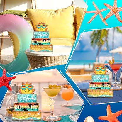 Britimes 4 Pcs Summer Wooden Tiered Tray Decor Set, Summer Sunshine Table Decor Ocean Beach Farmhouse Rustic Wooden Coffee Table Centerpieces for Home kitchen Office Decorations (Sunshine Style) - style: Sunshine