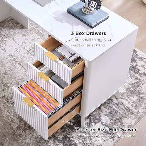 T4TREAM 60'' Fluted Executive Desk with Drawers, Modern Home Office Computer Desk with Charging Station, Keyboard Tray, File Drawer and Storage Cabinet for Study, Living Room, Bedroom, Solid White - color: Solid White