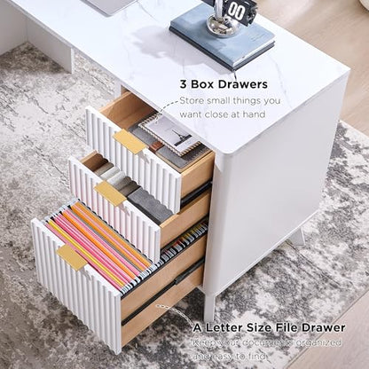 T4TREAM 60'' Fluted Executive Desk with Drawers, Modern Home Office Computer Desk with Charging Station, Keyboard Tray, File Drawer and Storage Cabinet for Study, Living Room, Bedroom, Solid White - color: Solid White