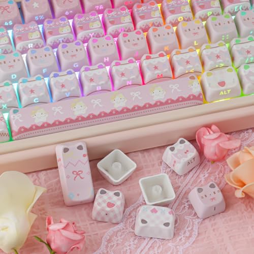 PBT Keycaps - Pink Meow Meow Keycap, 113 Keys Side Print Shine Through Cute Keycap, Mao Profile Custom Cat Keycaps for 60 65 75 100 Percent Cherry MX Mechanical Keyboard - color: Pink Meow