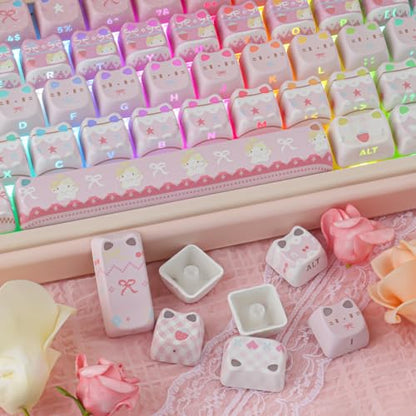 PBT Keycaps - Pink Meow Meow Keycap, 113 Keys Side Print Shine Through Cute Keycap, Mao Profile Custom Cat Keycaps for 60 65 75 100 Percent Cherry MX Mechanical Keyboard - color: Pink Meow