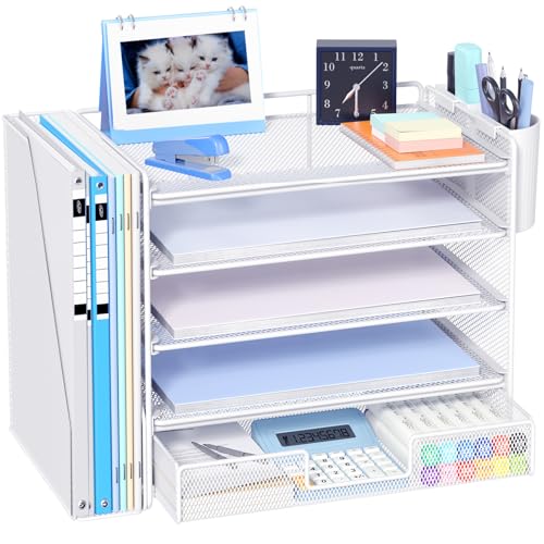 OPNICE Desk Organizer, 5-Tier Desktop File Organizer with Drawer and Pen Holders, Office Desk Accessories, File Sorters, Workspace Organizers for Office Supplies(White) - color: White, size: 5-tier