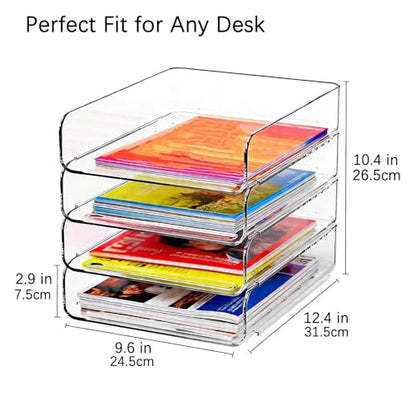 DCA 4 Tier Clear Desk Organizer, Stackable Paper Tray, Acrylic File Holder Paper Organizer for Office, Home, School, Letter & A4 Size - size: Deep 12.4in
