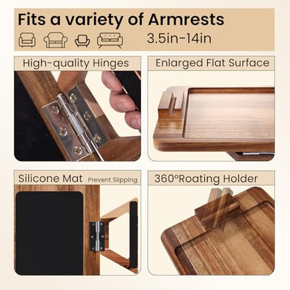 Acacia Wood Couch Arm Tray with 360°Phone Holder,Folding Sofa Armrest Tray,Couch Arm Table Clip-On Couch Desk for Drinks,Snacks,Phone,Remote Control - style: Phone Holder