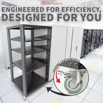 AxcessAbles 22U Open Frame Network & AV Rack with Caster Wheels, Three 2U Shelves, 10-32 & Cage Nut Compatible Rails, Cage Nuts, Screws, Cage Nut Tool & Wall Mount Kit | 19-Inch Equipment Rack - size: 22U - 3 Shelves