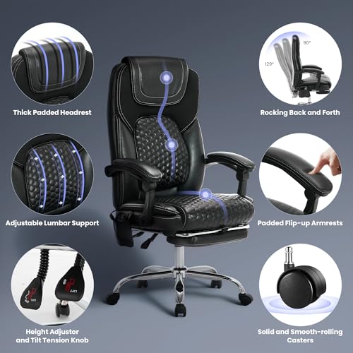MALOL 300 lbs Massage Office Chair, Big and Tall Desk Chair with 3-Level Heat and Footrest, PU Leather Ergonomic Executive Computer Chair with Side Pocket, Black - color: Black, size: Set of 1, style: Classic