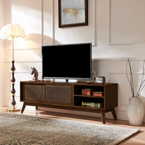 LKTART Boho Mid Century TV Stand,59" Rattan Entertainment Center,Media Console with Solid Wood Legs,Adjustable Feet & Divided Storage,TV Cabinet for 65 Inch TV,Dark Walnut - color: 59" Dark Walnut