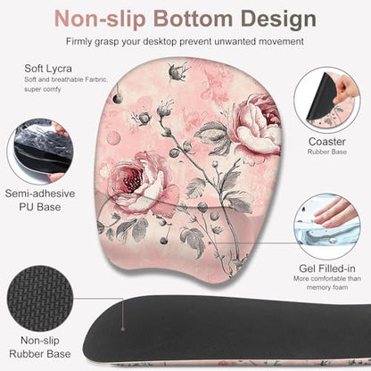 4 in 1 Large Mouse Pad, Keyboard Wrist Rest Set, Ergonomic Mouse Pad with Wrist Support, Desk Mat with Stitched Edges Extended Desk Pad Waterproof Desk Mat for Home Office Game I Pink Rose Flowers - color: Pink Rose Flowers