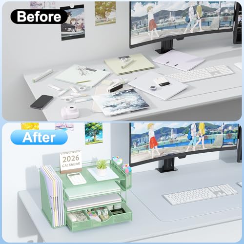 gianotter 4-Tier Desk Organizer with Drawers, File Holders, Letter Trays and Pen Holders - Workspace Accessories for Office Supplies (Sage Green) - color: Sage Green