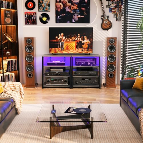 Besiost AV Media Stand with Outlets, Media Console with LED Lights, Stereo Racks and Stands with Storage Shelves, Media Audio Tower Stand, Light Grey Walnut - color: Grey Walnut