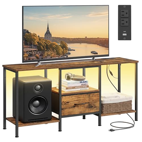 SONGMICS BELLAH Collection - TV Stand for TVs Up to 55 Inches, Media Console Table and Entertainment Center Unit for Living Room, with Shelves and Drawer, Steel, Industrial, Rustic Brown ULGS031K101S - color: Rustic Brown, size: 11.8"D x 44.8"W x 23.6"H