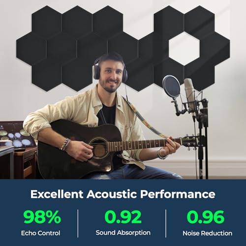 12 Pack Hexagon Acoustic Panels, 12" x 10" x 0.4" High-Density Soundproof Wall Panels, Self-Adhesive Acoustic Wall Panels for Studio, Home, Office, Black - color: Basic Hexagon - Black, size: Hexagon - 12 Pack