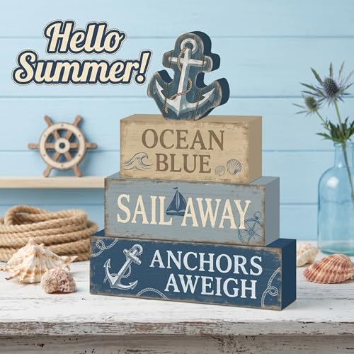 4 Pcs Nautical Anchor Bathroom Decor Summer Coastal Farmhouse Table Wooden Signs Sailing Tiered Tray Decor Ocean Table Decor Navy Blue Shelf Sitter Tabletop Home Decorations Gifts - style: Anchor