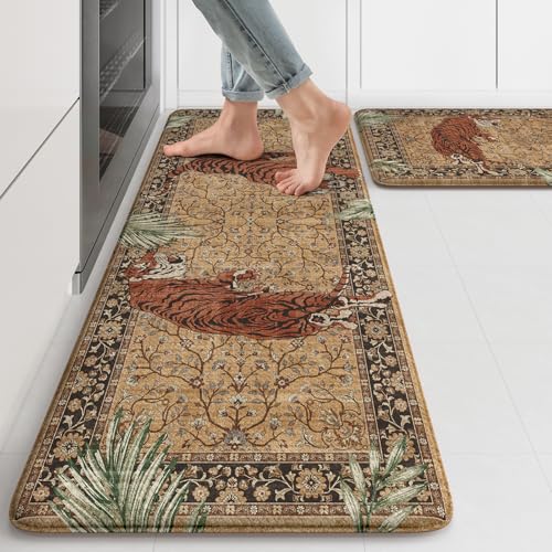 KIMODE Kitchen Mats for Floor Anti Fatigue 17"x47"+17"x29", Farmhouse Tiger Kitchen Rugs Sets of 2, Tan Rugs for Kitchen Floor, Memory Foam Standing Mats for Laundry Office Sink Desk - color: Tiger/Tan, size: 17.3" x 47"+17.3" x 29"--0.47 inches