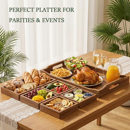 Serving Tray with 5 Removable Snack Boxes,Acacia Wood Snack Tray for Parties and Entertaining, Movie Night, Coffee Table and Charcuterie Serving - color: Snack Tray, size: Snack Tray