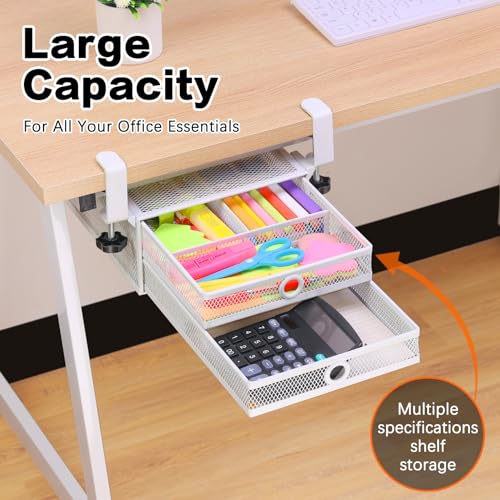 ROSYLINE Under Desk & Desktop Drawer Organizer, 2-Tier Big Capacity (White) | Steel Construction, Clip-On No Drill Installation, Fits A4 Paper, for Office & Household Supplies - color: Pure White