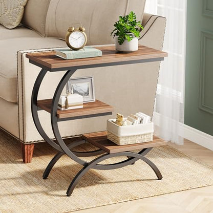 Tribesigns C-Shaped End Table, 3-Tier Industrial Sofa Side Table with Curved Metal Frame for Living Room, Bedroom, Couch, Small Space, Rustic Brown - color: Rustic Brown