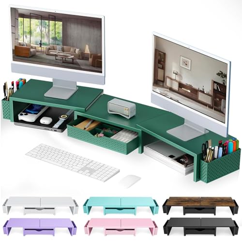 gianotter Dual Monitor Stand Riser, Desk Organizer With Drawer and 2 Pen Holders, Monitor Stand for Desk, Office Decor Essentials (Green) - color: Green