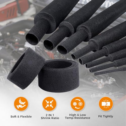 Black 2:1 Ratio Automotive Heat Shrink Braided Sleeving,Wear-Resistant Flat Woven Shrinkable Sleeve Fabric Car Cable Wires Hoses Protection (1-3/8"-8ft) - size: 1-3/8"-8ft