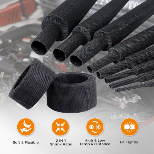 Black 2:1 Ratio Automotive Heat Shrink Braided Sleeving,Wear-Resistant Flat Woven Shrinkable Sleeve Fabric Car Cable Wires Hoses Protection (1/4''-66ft) - size: 1/4''-66ft