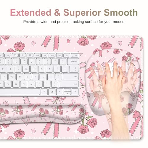 Pink Mouse Pad with Wrist Support 4 in1 Set, XXL Big Game Mousepad + Keyboard Wrist Rest + Mouse Wrist Rest Pad +Coaster Gaming Mat for Home Office Work Computer Laptop PC I Sweet Rose & Heart Bow - color: Sweet Rose & Heart Bow