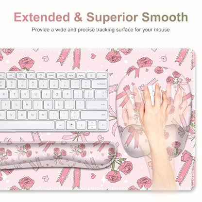 Pink Mouse Pad with Wrist Support 4 in1 Set, XXL Big Game Mousepad + Keyboard Wrist Rest + Mouse Wrist Rest Pad +Coaster Gaming Mat for Home Office Work Computer Laptop PC I Sweet Rose & Heart Bow - color: Sweet Rose & Heart Bow