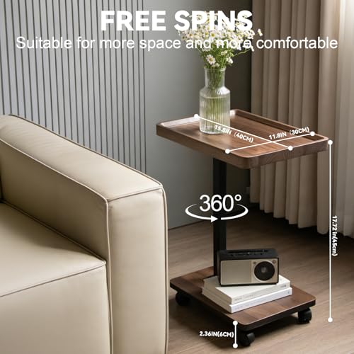 Adjustable Height C Table Side Table with Wheels, 360°Swivel C-Shaped Snack Table with Storage Shelf for Small Spaces, Couch Tray Table, Wood Overbed Sofa Table for Couch Bed Work Eating