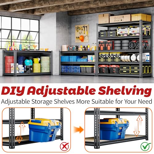 48"W Garage Shelving, 3050LBS Storage Shelves Heavy Duty, 5 Tier Metal Shelving Unit Adjustable Garage Shelves Heavy Duty Shelving for Warehouse,Commercial, Kitchen, 48" W × 18" D × 72" H, Black - size: 48"W x 72" H x 18" D