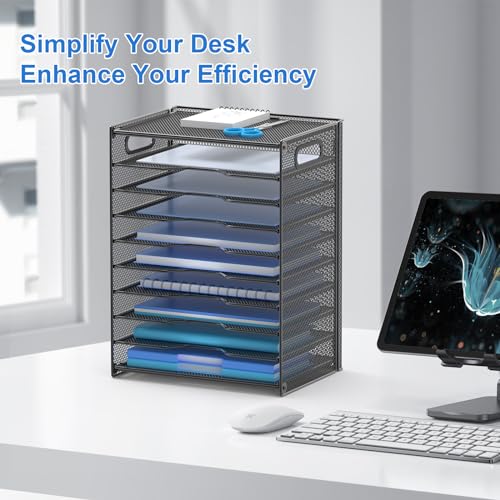 OUTWOLF 10 Tier Paper Organizer - Letter Tray Mesh Desk File Organizer with Handles for Office School Desktop, Black 2 Pack - color: Black 2 Pack
