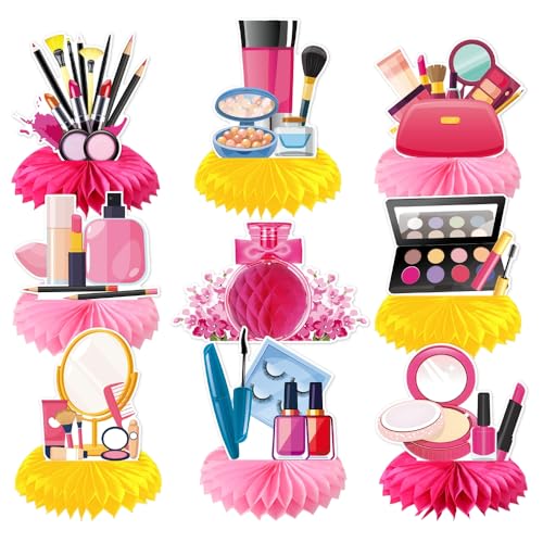 9pcs Cosmetics Honeycomb Decorations, Cute Pink Makeup Spa Honeycomb Centerpiece table decor, Birthday Party Supplies Ornaments - color: Cosmetics