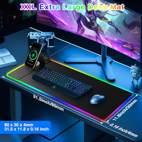 XXL RGB LED Gaming Mouse Pad with Magnetic Wireless Charger & Foldable Phone Holder, 31.5"x11.8" Extended Ultra-Smooth Desk Mat, 25 Lighting Effects, Non-Slip Base - color: RGB-31.5"x11.8"-Magnetic Stand-Left