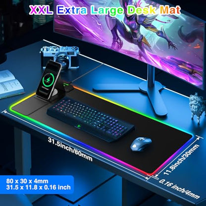 XXL RGB LED Gaming Mouse Pad with Magnetic Wireless Charger & Foldable Phone Holder, 31.5"x11.8" Extended Ultra-Smooth Desk Mat, 25 Lighting Effects, Non-Slip Base - color: RGB-31.5"x11.8"-Magnetic Stand-Left